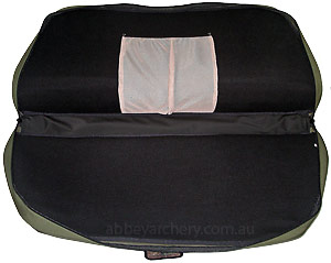 Open bow case, internal mesh pocket, generous black padding