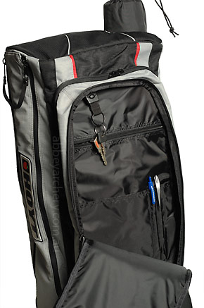 Outer pocket on the front of the bag with zip pockets, pen, torch and keyholder