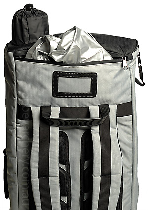 Backpack rear, name tag holder, raincoat and raincoat pocket